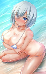 Rule 34 | 10s, 1girl, arima kouichi, bikini, blue bikini, blue eyes, blue hair, blush, breast hold, breasts, cleavage, closed mouth, crossed arms, embarrassed, hair ornament, hairclip, hamakaze (kancolle), highres, kantai collection, large breasts, micro bikini, short hair, sitting, solo, striped bikini, striped clothes, swimsuit, tan, tanline, wading, wariza, water, wavy mouth, wet