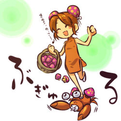 Rule 34 | 1990s (style), 1girl, :d, ^ ^, bare shoulders, basket, blush stickers, brown hair, bun cover, china dress, chinese clothes, closed eyes, creatures (company), double bun, dress, food as clothes, freckles, game freak, gen 1 pokemon, hair bun, hitec, laughing, moemon, mushroom, nintendo, open mouth, paras, personification, pokemon, pokemon (creature), pokemon rgby, retro artstyle, simple background, sleeveless, smile, trample, translated, turtleneck