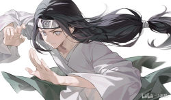 Rule 34 | 1boy, black hair, commentary request, fighting stance, floating hair, forehead protector, grey eyes, hyuuga neji, long hair, long sleeves, looking at viewer, low-tied long hair, male focus, naruto (series), naruto shippuuden, robe, simple background, solo, upper body, white background, white robe, wide sleeves, xiaojiaju