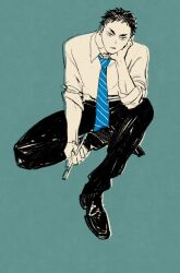 Rule 34 | 1boy, akaashi keiji, black hair, blue background, blue necktie, chengongzi123, collared shirt, commentary, english commentary, full body, haikyuu!!, hand on own cheek, hand on own face, highres, holding, limited palette, looking at viewer, male focus, necktie, pants, shirt, shoes, short hair, short sleeves, simple background, sitting, striped necktie, very short hair