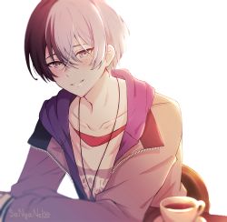 Rule 34 | 1boy, aoyagi touya, artist name, backlighting, black hair, blue hair, blush, chair, collarbone, commentary, crossed bangs, cup, english commentary, grey eyes, grey hoodie, hair between eyes, highres, hood, hood down, hoodie, jewelry, long sleeves, looking at viewer, male focus, mole, mole under eye, multicolored hair, necklace, open clothes, open hoodie, parted lips, project sekai, purple hood, shirt, short hair, sitting, smile, solo, sonyaneko, split-color hair, table, tea, teacup, two-tone hair, upper body, white background, white shirt, zipper