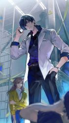 Rule 34 | 1girl, 2boys, absurdres, belt, black pants, blouse, blue shirt, blue skirt, blurry, blurry foreground, brown hair, formal, green eyes, highres, holding, holding phone, jacket, jewelry, laoyepo, long hair, long sleeves, marius von hagen (tears of themis), multiple boys, necklace, open mouth, outdoors, pants, phone, polo shirt, purple eyes, purple hair, rosa (tears of themis), shirt, short hair, skirt, tears of themis, watch, white jacket, white shirt, wristwatch, yellow jacket