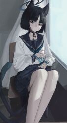 Rule 34 | 1girl, animal ears, bakeneko, bare legs, black choker, black eyes, black hair, black nails, blue archive, blue neckerchief, blue sailor collar, blue skirt, bright pupils, cat&#039;s cradle, cat ears, cat girl, cat tail, chair, choker, closed mouth, feet out of frame, forehead, halo, head tilt, highres, indoors, kikyou (blue archive), knees up, light frown, looking at viewer, multiple tails, nail polish, neckerchief, omochiarts, on chair, parted bangs, pleated skirt, ribbon choker, sailor collar, school uniform, serafuku, shirt, short hair, sitting, skirt, solo, tail, twitter username, two tails, white pupils, white shirt, window