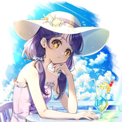 Rule 34 | 1girl, bare shoulders, blue sky, bow, chair, cloud, cloudy sky, commentary request, day, dress, drinking straw, elbow rest, frilled dress, frills, glass, hair bow, hair over shoulder, hat, highres, horizon, jewelry, long hair, looking at viewer, low twintails, ocean, orange eyes, outdoors, parted lips, partial commentary, precure, purple hair, rice rabbit22, ring, shell hat ornament, sitting, sky, solo, strapless, strapless dress, sun hat, sundress, sunlight, suzumura sango, table, tropical-rouge! precure, twintails, white hat