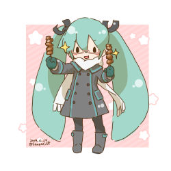Rule 34 | 1girl, aqua gloves, aqua hair, black coat, black footwear, black pantyhose, blush stickers, boots, buttons, chibi, coat, commentary, dated, double-breasted, eating, food, framed image, full mouth, glasses, gloves, hair ornament, hatsune miku, holding, holding food, knee boots, long hair, looking at viewer, open mouth, pantyhose, sanpati, scarf, semi-rimless eyewear, solid oval eyes, sparkle, star (symbol), trench coat, twintails, twitter username, very long hair, vocaloid, white scarf, yakitori