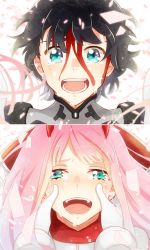 Rule 34 | 10s, 1boy, 1girl, black hair, blood, blood on face, bodysuit, couple, crying, crying with eyes open, darling in the franxx, gloves, green eyes, happy, hetero, highres, hiro (darling in the franxx), horns, long hair, open mouth, pilot suit, pink hair, red bodysuit, short hair, smile, spoilers, tears, temaroppu (ppp 10cc), zero two (darling in the franxx)