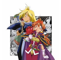 Rule 34 | 3boys, 3girls, amelia wil tesla seyruun, araizumi rui, armor, blonde hair, blush, cape, eating, food, framed, gloves, gourry gabriev, headband, holding, holding food, lina inverse, long hair, mouth hold, multiple boys, multiple girls, octopus, official art, one eye closed, open mouth, pauldrons, profile, red eyes, red hair, shoulder armor, slayers, white gloves, xelloss, zelgadiss graywords