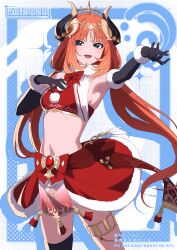 Rule 34 | 1girl, alternate costume, aoi suzu, armpits, black gloves, black thighhighs, bow, bowtie, christmas, elbow gloves, fake horns, gem, genshin impact, gloves, green eyes, hand up, highres, horns, long hair, looking at viewer, low twintails, nilou (genshin impact), open mouth, red bow, red bowtie, red gemstone, red hair, red skirt, sidelocks, single thighhigh, skirt, smile, solo, standing, stomach, thighhighs, twintails