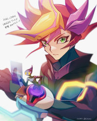 Rule 34 | 1boy, absurdres, ai (yu-gi-oh!), blonde hair, blurry, bodysuit, card, closed mouth, commentary request, copyright name, dated, deck of cards, depth of field, duel disk, fujiki yusaku, green eyes, hand on own hip, highres, index finger raised, looking at viewer, male focus, multicolored hair, playmaker (yu-gi-oh!), purple hair, red hair, serious, simple background, spiked hair, translation request, turtleneck, twitter username, upper body, white background, yu-gi-oh!, yu-gi-oh! vrains, zero-go