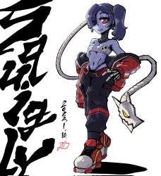 Rule 34 | 1girl, alternate costume, baggy clothes, baggy pants, blue hair, blue skin, colored skin, detached collar, dillo (smootharmadillo), eyes visible through hair, hair over one eye, hand on own hip, highres, jacket, jacket partially removed, leviathan (skullgirls), navel, off shoulder, pants, red eyes, shoes, side ponytail, skullgirls, smile, sneakers, solo, squigly (skullgirls), stitched mouth, stitches, strapless, thong, tube top, white background, zombie