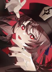 Rule 34 | 1girl, black nails, brown hair, chinese clothes, dekitateomoti, flower-shaped pupils, genshin impact, hat, hat ornament, highres, hu tao (genshin impact), jewelry, long sleeves, looking at viewer, open mouth, porkpie hat, red eyes, red shirt, ring, shirt, sidelocks, simple background, symbol-shaped pupils