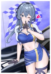 Rule 34 | 1girl, bandeau, black gloves, blue bandeau, blue eyes, blue hair, blue skirt, breasts, checkered flag, cleavage, commentary request, cropped jacket, flag, gloves, gotland (kancolle), half gloves, headphones, headset, highleg, highleg panties, highres, jacket, kantai collection, large breasts, long hair, looking at viewer, microphone, midriff, miniskirt, mole, mole under eye, navel, nkgw, official alternate costume, one eye closed, panties, race queen, shrug (clothing), skirt, solo, underwear, white jacket, white panties