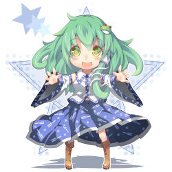 Rule 34 | 1girl, :d, bad id, bad pixiv id, bare shoulders, blush, boots, chibi, detached sleeves, female focus, frog hair ornament, green eyes, green hair, hair ornament, hair tubes, kochiya sanae, long hair, matching hair/eyes, open mouth, outstretched arms, shiitake (mm0820), smile, snake, solo, star (symbol), touhou