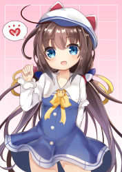 Rule 34 | 10s, 1girl, :d, absurdres, ahoge, animal ears, animal hat, arlene (ju), beret, blue dress, blue eyes, blush, breasts, brown hair, cat ears, cat hat, collarbone, commentary request, cowboy shot, dress, hair between eyes, hand up, hat, head tilt, heart, highres, hinatsuru ai, layered sleeves, long hair, long sleeves, looking at viewer, low twintails, open mouth, puffy short sleeves, puffy sleeves, ryuuou no oshigoto!, school uniform, short over long sleeves, short sleeves, sidelocks, small breasts, smile, solo, spoken heart, twintails, very long hair, white hat