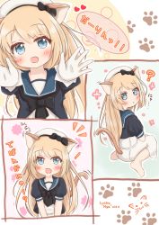 Rule 34 | 1girl, :d, :o, animal ears, barefoot, beret, black bow, blonde hair, blue eyes, blue shirt, blush, bow, cat ears, cat girl, cat tail, commentary request, dress, fang, gloves, hair between eyes, hat, head tilt, heart, highres, jervis (kancolle), kantai collection, kemonomimi mode, long hair, multiple views, open mouth, outstretched arms, parted lips, puffy short sleeves, puffy sleeves, ridy (ri sui), school uniform, serafuku, shirt, short sleeves, sitting, smile, tail, translation request, very long hair, wariza, white dress, white gloves, white hat