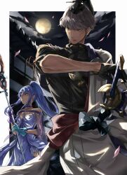 Rule 34 | 1boy, 1girl, asymmetrical gloves, black gloves, blue eyes, blue hair, fate/grand order, fate (series), full moon, gloves, grey hair, hat, highres, holding, holding staff, long hair, medea (lily) (fate), mismatched gloves, moon, night, petals, pointy ears, ponytail, smosmomi, staff, sword, watanabe no tsuna (fate), weapon