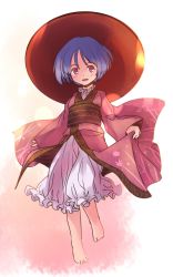 Rule 34 | 1girl, barefoot, black hat, bloomers, blue hair, blush, bowl, bowl hat, full body, hat, japanese clothes, kimono, long sleeves, obi, one-hour drawing challenge, open mouth, pink kimono, rangycrow, red eyes, sash, short hair, smile, solo, sukuna shinmyoumaru, touhou, underwear, white bloomers, wide sleeves