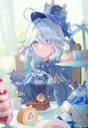Rule 34 | &quot;pour la justice&quot; (genshin impact), + +, 1girl, :t, ahoge, ascot, asymmetrical gloves, blue ascot, blue bow, blue eyes, blue gemstone, blue gloves, blue hair, blue hat, blue jacket, blue ribbon, blue shirt, blurry, blurry background, blurry foreground, blush, bow, brooch, cake, cake slice, chair, cherry, chocolate cake, closed mouth, commentary, cup, english commentary, eyelashes, food, food on face, foodgasm, fork, fruit, furina (genshin impact), gem, genshin impact, gloves, hair between eyes, hair intakes, hand on own cheek, hand on own face, hands up, hat, hat bow, heterochromia, highres, holding, holding fork, hydro symbol (genshin impact), jacket, jewelry, lapels, long sleeves, macaron, mismatched gloves, multicolored hair, on chair, open clothes, open jacket, parfait, parted bangs, plate, purple eyes, ribbon, saucer, seo pport, shirt, short hair, sidelocks, sitting, sleeve cuffs, smile, solo, sparkle, strawberry, strawberry parfait, streaked hair, swept bangs, swiss roll, table, tea, teacup, tiered tray, tilted headwear, top hat, upper body, whipped cream, white gloves, white hair
