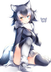 Rule 34 | 10s, 1girl, absurdres, animal ears, black thighhighs, blue eyes, blush, convenient leg, fang, fang out, full body, fur collar, fur trim, gloves, grey hair, grey skirt, grey wolf (kemono friends), hair between eyes, heterochromia, highres, jacket, japari symbol, kanzakietc, kemono friends, knee up, long hair, long sleeves, looking at viewer, necktie, pleated skirt, shoes, simple background, sitting, skirt, smile, solo, tail, thighhighs, white background, white gloves, wolf ears, wolf tail, yellow eyes