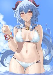 Rule 34 | 1girl, ahoge, arm at side, bell, bikini, blue hair, blue sky, blush, breasts, cloud, floating hair, ganyu (genshin impact), genshin impact, gluteal fold, goat horns, hair between eyes, hand up, highres, horns, jewelry, long hair, looking at viewer, medium breasts, navel, neck bell, necklace, parted lips, purple eyes, sidelocks, sky, solo, stomach, swimsuit, tepechi, thigh gap, thighs, very long hair, vision (genshin impact), wading, water, wavy hair, wet, white bikini, wristband