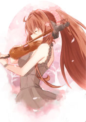 Rule 34 | 10s, 1girl, absurdres, alternate costume, bare shoulders, black dress, breasts, brown hair, chemise, cherry blossoms, dress, closed eyes, flower, from side, hair flower, hair ornament, headgear, highres, instrument, kantai collection, long hair, medium breasts, music, playing instrument, ponytail, profile, shibakame, solo, very long hair, violin, wrist cuffs, yamato (kancolle)