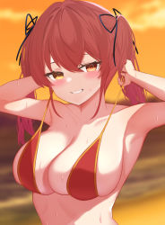 Rule 34 | 1girl, absurdres, bikini, bikini pull, black ribbon, blurry, blurry background, blush, breasts, cleavage, clothes pull, collarbone, gold trim, grin, hair ribbon, hands up, heterochromia, highres, hololive, houshou marine, houshou marine (summer), large breasts, nannann, red bikini, red eyes, red hair, ribbon, skindentation, sky, smile, solo, sunset, swimsuit, teeth, twintails, untied bikini, upper body, virtual youtuber, wet, yellow eyes, yellow sky
