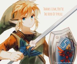 Rule 34 | 1boy, blonde hair, blue eyes, green hat, green tunic, hair between eyes, hat, highres, holding, holding shield, holding sword, holding weapon, hylian shield, light smile, link, looking at viewer, male focus, maruta maruta, master sword, medium hair, nintendo, pointy ears, shield, sidelocks, solo, sword, the legend of zelda, triforce, twitter username, upper body, weapon