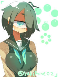 Rule 34 | + +, 1girl, :/, arms at sides, breast press, breasts, cyclops, green eyes, green hair, green necktie, large breasts, looking at viewer, matching hair/eyes, muroku (aimichiyo0526), necktie, one-eyed, original, school uniform, simple background, solo, twitter username, viewfinder, white background