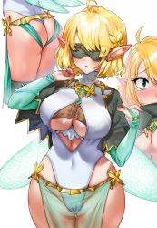 Rule 34 | 1girl, ahoge, ass, blonde hair, blue eyes, blush, breasts, bridal gauntlets, center opening, covered navel, cowboy shot, detached sleeves, elf, eye mask, gloves, green gloves, hair ornament, heattech leotard, lace, large breasts, leotard, looking at viewer, mask, multiple views, nail polish, open mouth, orange nails, original, pelvic curtain, pointy ears, ribbed leotard, short hair, sweat, sweater, tearing up, thighhighs, thighs, translucent, turtleneck, white sweater, yanyo (ogino atsuki)