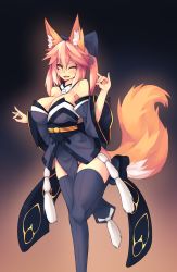Rule 34 | 10s, 1girl, absurdres, animal ear fluff, animal ears, bare shoulders, breasts, cleavage, detached sleeves, fate/extra, fate (series), fox ears, fox tail, highres, huge breasts, long hair, looking at viewer, one eye closed, red hair, solo, sub-res, tail, tamamo (fate), tamamo no mae (fate/extra), thighhighs, thighs, yellow eyes