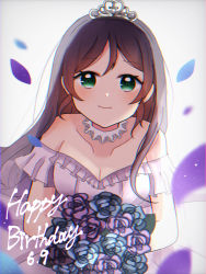 Rule 34 | 1girl, aqua eyes, artist name, artist request, blush, bouquet, breasts, choker, cleavage, dress, female focus, flower, frilled dress, frills, green eyes, hair over shoulder, holding, holding bouquet, long hair, looking at viewer, love live!, love live! school idol project, parted lips, petals, purple hair, skirt, sleeveless, sleeveless dress, small breasts, smile, solo, tiara, tojo nozomi, wedding dress, white choker, white dress, white skirt