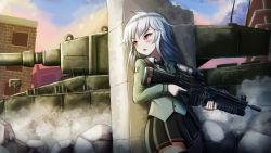 Rule 34 | 1girl, black necktie, black skirt, black thighhighs, blue sky, blush, cloud, cloudy sky, collared shirt, commentary, commission, english commentary, green jacket, gun, holding, holding gun, holding weapon, jacket, long hair, military, military vehicle, motor vehicle, necktie, open mouth, original, outdoors, pleated skirt, prophosphere, red eyes, ruins, scope, shirt, silver hair, skirt, sky, solo, tank, thighhighs, trigger discipline, v-shaped eyebrows, vehicle request, weapon, weapon request, white shirt