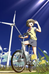 Rule 34 | 1girl, bicycle, day, original, school uniform, serafuku, sky, solo, sweater, sweater vest, vest, wind turbine, windmill