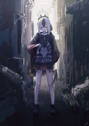 Rule 34 | 1girl, absurdres, alley, backpack, bag, black footwear, black hair, blue archive, blush, choker, closed mouth, full body, halo, hand in own hair, highres, hood, hood down, hoodie, horns, kayoko (blue archive), looking at viewer, ponytail, poyopoyo (poyo mega181), red eyes, shoes, skirt, solo, standing, white hair