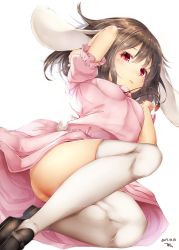 Rule 34 | 1girl, animal ears, black footwear, blush, brown hair, carrot necklace, dated, dress, from below, inaba tewi, jewelry, loafers, looking at viewer, necklace, pink dress, puffy short sleeves, puffy sleeves, rabbit ears, red eyes, shoes, short hair, short sleeves, signature, simple background, solo, sugiyuu, thighhighs, touhou, white background, white thighhighs