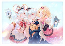 Rule 34 | 1boy, 4girls, animal ears, belt, black gloves, blonde hair, crop top, djeeta (granblue fantasy), hugging doll, elbow gloves, english text, fake animal ears, gloves, granblue fantasy, grey hair, hair ornament, hairband, hairclip, hand on another&#039;s shoulder, hat, jewelry, long hair, looking at viewer, midriff, mini hat, multiple girls, necklace, nier (granblue fantasy), hugging object, one eye closed, orchis, pink skirt, post guild war celebration, seox (granblue fantasy), shirt, short hair, sidelocks, skirt, stuffed animal, stuffed cat, stuffed toy, twintails, vienri, vikala (granblue fantasy), white shirt, white skirt