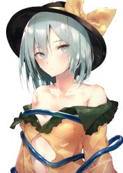 Rule 34 | 1girl, artist name, bare shoulders, black hat, blush, bow, breasts, commentary request, green eyes, green hair, hair between eyes, hat, hat bow, highres, komeiji koishi, long sleeves, looking at viewer, navel, off-shoulder shirt, off shoulder, sakusyo, shirt, short hair, signature, simple background, small breasts, solo, stomach, touhou, upper body, white background, yellow bow, yellow shirt