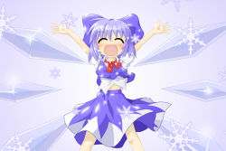 Rule 34 | 1girl, :d, \o/, arms up, cirno, female focus, meitou muku, midriff, open mouth, outstretched arms, smile, solo, embodiment of scarlet devil, touhou