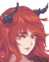 Rule 34 | 1girl, arknights, character request, horns, kamkac, looking at viewer, parted lips, portrait, red eyes, red hair, sanpaku, simple background, smile, solo, white background