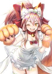 Rule 34 | 1girl, animal ear fluff, animal ears, animal hands, apron, bell, blush, breasts, cat hair ornament, cat paws, cleavage, collar, fang, fate/grand order, fate (series), fox ears, fox girl, fox tail, gloves, hair between eyes, hair ornament, hair ribbon, highres, jingle bell, large breasts, long hair, looking at viewer, maid headdress, naked apron, neck bell, one eye closed, open mouth, paw gloves, pink hair, ponytail, ransui (al-nit-ak), red ribbon, ribbon, simple background, solo, tail, tamamo (fate), tamamo cat (fate), tamamo cat (third ascension) (fate), white apron, white background, yellow eyes