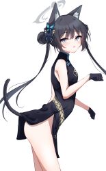 Rule 34 | 1girl, :o, absurdres, animal ears, ass, black dress, black gloves, black hair, blue archive, blush, breasts, butterfly hair ornament, cat ears, cat tail, clenched hands, commentary, double bun, dragon print, dress, from side, gloves, hair bun, hair ornament, highres, kabocya na, kemonomimi mode, kisaki (blue archive), leaning forward, long hair, looking at another, looking at viewer, simple background, sleeveless, sleeveless dress, small breasts, solo, tail, tail under clothes, twintails, very long hair, white background