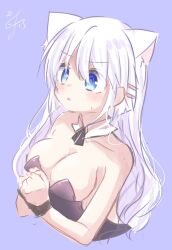 Rule 34 | 1girl, @ @, alternate costume, animal ears, bare shoulders, black leotard, black wrist cuffs, blue eyes, blush, breasts, cat ears, cleavage, commentary, embarrassed, frown, hair between eyes, hair ornament, hairclip, highres, kemonomimi mode, leotard, long hair, looking afar, medium breasts, naruse shiroha, nontraditional playboy bunny, open mouth, purple background, signature, simple background, solo, strapless, strapless leotard, summer pockets, sweatdrop, upper body, utuigawa, v-shaped eyebrows, white hair, wrist cuffs