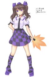 Rule 34 | 1girl, ankle lace-up, black hair, checkered clothes, checkered skirt, cross-laced footwear, geta, hair ribbon, hand fan, hand on own hip, hat, himekaidou hatate, isaki (gomi), looking at viewer, puffy short sleeves, puffy sleeves, purple eyes, ribbon, shirt, short sleeves, skirt, solo, thighs, tokin hat, touhou, twintails