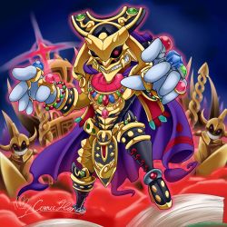Rule 34 | 3boys, absurdres, alternate form, alternate universe, armor, artist request, cape, comic hand, duel monster, eldlich the golden lord, full armor, full body, gloves, glowing, glowing eyes, gold armor, highres, horns, multicolored hair, multiple boys, shoulder spikes, spikes, two-tone hair, white gloves, wide sleeves, yu-gi-oh!