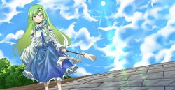 Rule 34 | 1girl, alternate eye color, blue skirt, blue sky, blush, breasts, brick floor, bush, closed mouth, cloud, collared shirt, commentary request, day, detached sleeves, dutch angle, feet out of frame, frilled skirt, frills, frog hair ornament, gohei, green hair, hair ornament, highres, holding, kochiya sanae, long hair, long skirt, looking at viewer, medium breasts, outdoors, shirt, single hair tube, skirt, sky, sleeveless, sleeveless shirt, smile, snake hair ornament, solo, sun, terumaeromae, touhou, white shirt, white sleeves, yellow eyes