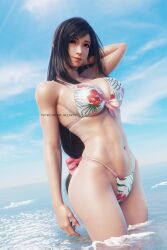Rule 34 | 1girl, 3d, alternate costume, arm behind head, bare arms, bare shoulders, bikini, black hair, blue sky, breasts, cleavage, closed mouth, cloud, cloudy sky, cowboy shot, day, earrings, final fantasy, final fantasy vii, final fantasy vii remake, floral print, hair ribbon, hand up, highres, horizon, in water, jewelry, large breasts, light smile, long hair, looking at viewer, low-tied long hair, navel, ocean, outdoors, patreon username, pink ribbon, print bikini, red eyes, red lips, ria-neearts, ribbon, single earring, sky, solo, square enix, stomach, summer, swept bangs, swimsuit, teardrop earring, tifa lockhart, toned, water