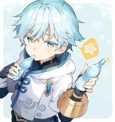 Rule 34 | 1boy, ahoge, black shirt, blue background, blue hair, border, candy, chongyun (genshin impact), commentary request, cropped jacket, food, food in mouth, genshin impact, giving, green eyes, holding, holding candy, holding food, hood, hooded jacket, jacket, konmamion, light blue hair, looking at viewer, male focus, shirt, short hair, simple background, snowflake background, solo, spoken star, star (symbol), upper body, white jacket