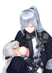 Rule 34 | 2girls, 746kuchiku, absurdres, ak-12 (girls&#039; frontline), an-94 (girls&#039; frontline), belt, blue eyes, blush, breast sucking, breastfeeding, breasts, breasts out, closed eyes, fingerless gloves, girls&#039; frontline, gloves, grey hair, hand on another&#039;s head, highres, long hair, medium breasts, multiple girls, multiple views, one breast out, short hair, white background, yuri