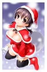 Rule 34 | 1girl, black hair, black thighhighs, boots, breasts, brown eyes, capelet, christmas, cleavage, hat, highres, jindai komaki, large breasts, low twintails, onsoku inu, sack, saki (manga), santa costume, santa hat, solo, thighhighs, twintails