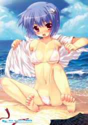 Rule 34 | 1girl, absurdres, barefoot, bikini, blue hair, blush, breasts, cameltoe, clothes on floor, unworn clothes, cloud, collarbone, day, covered erect nipples, feet, hair ornament, hairclip, highres, image sample, legs, looking at viewer, medium breasts, moric, navel, nipples, open mouth, original, pleated skirt, red eyes, sand, see-through, short hair, sitting, skirt, sky, soles, solo, string bikini, swimsuit, toe scrunch, toes, undressing, water, wet